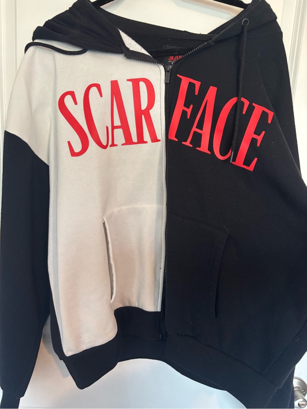 Scarface Split Black & White Zip Hoodie with Red Graphic